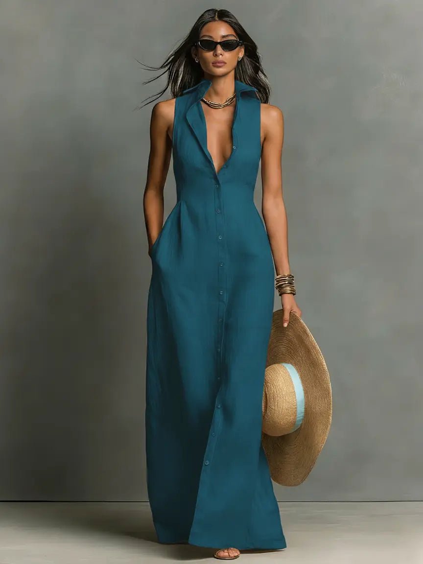 Women’s Sleeveless Linen Blend Maxi Shirt Dress