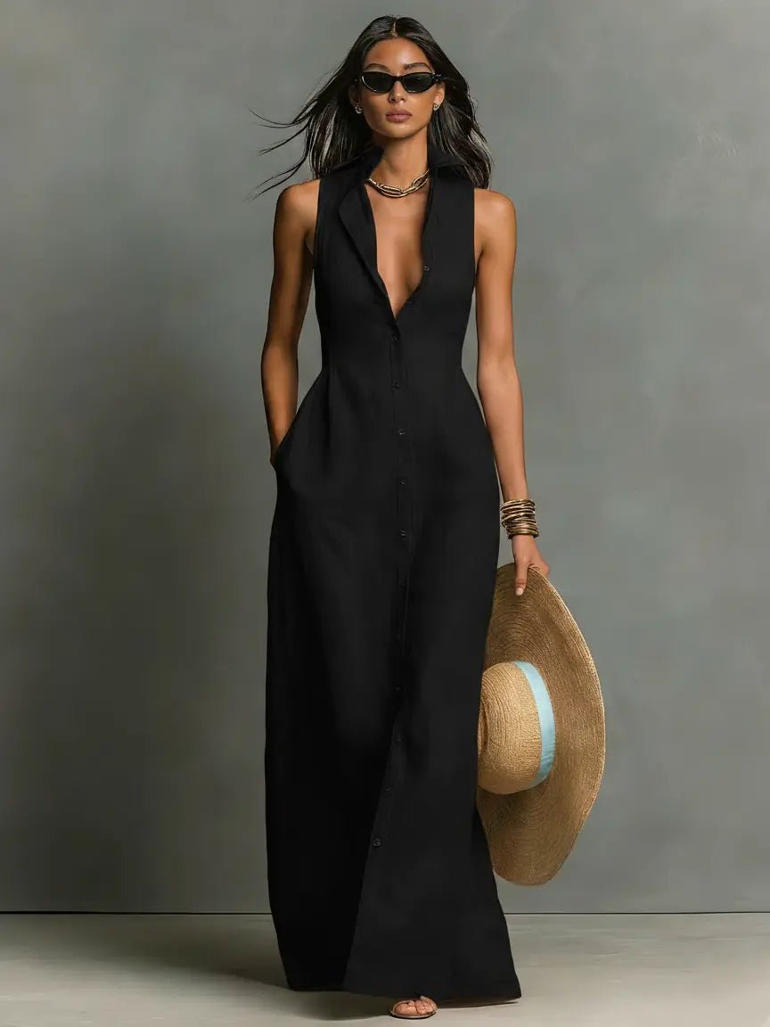 Women’s Sleeveless Linen Blend Maxi Shirt Dress