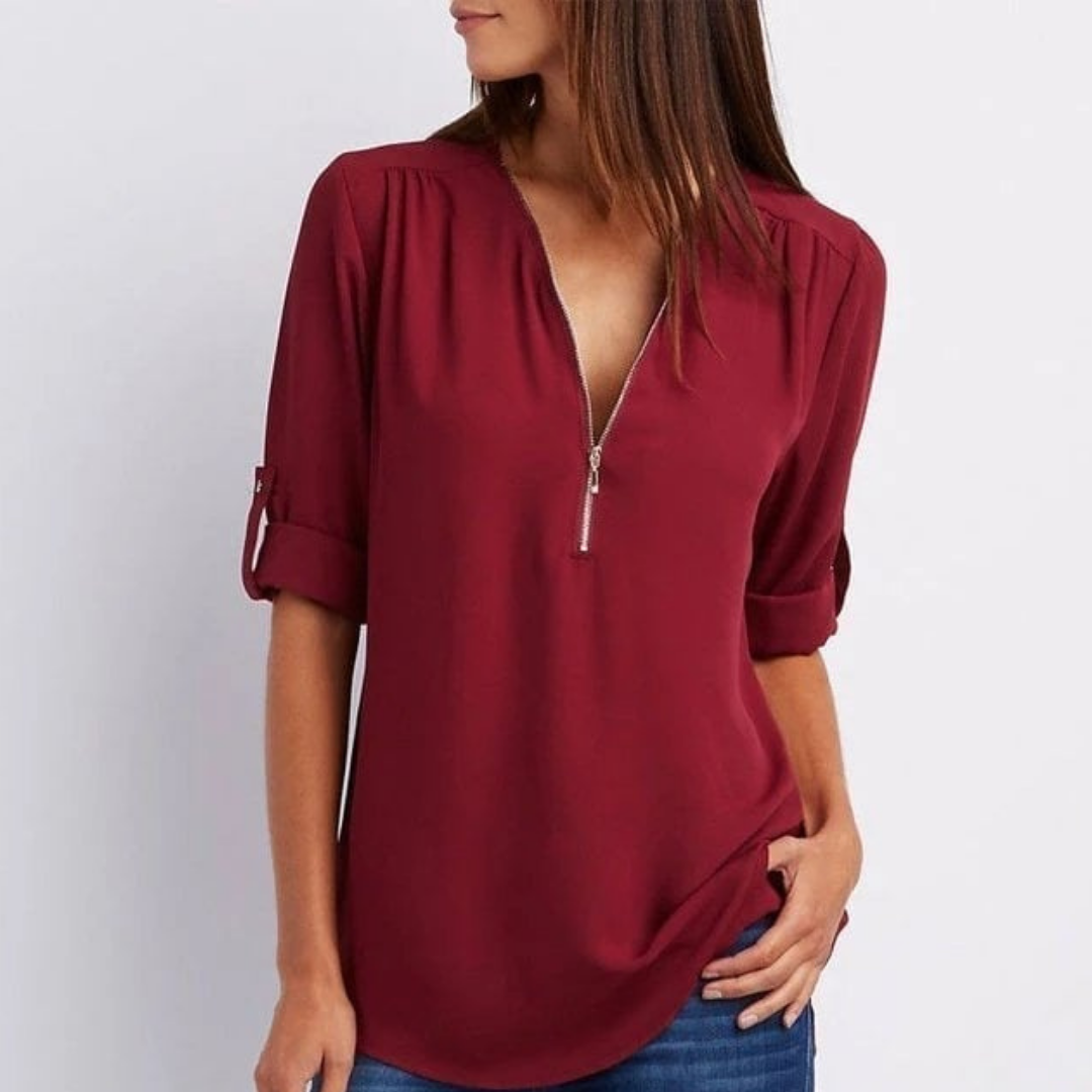 Women’s Zip Front V-Neck Blouse