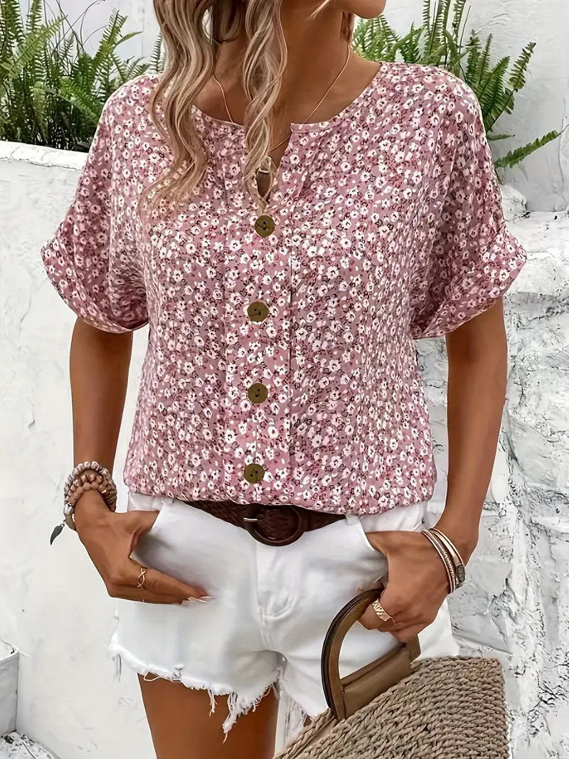 Women’s Floral Cotton Button Front Blouse