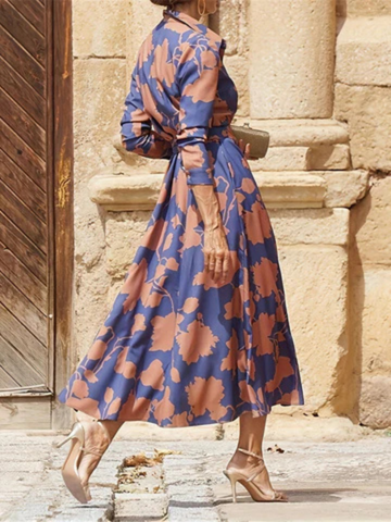 Women’s Floral Satin Shirt Midi Dress with Tie Waist