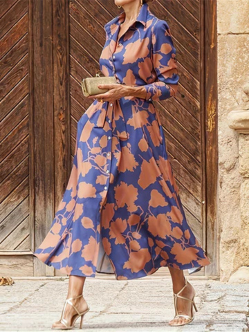 Women’s Floral Satin Shirt Midi Dress with Tie Waist