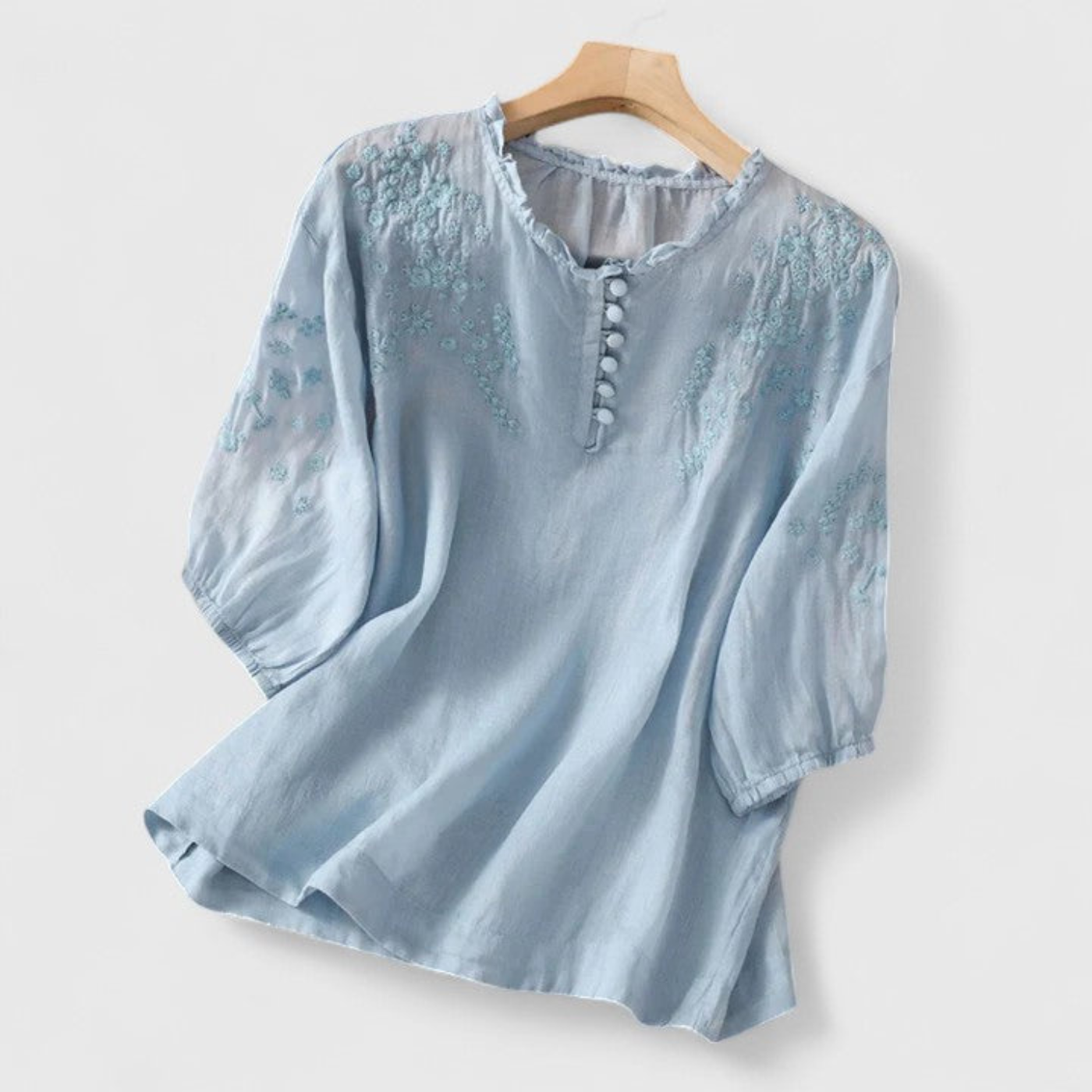 Women’s Embroidered Linen Blouse with Ruffle Collar