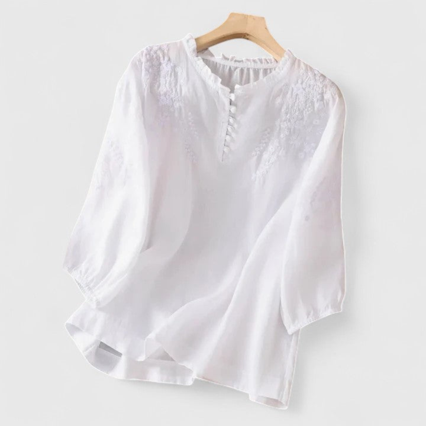 Women’s Embroidered Linen Blouse with Ruffle Collar