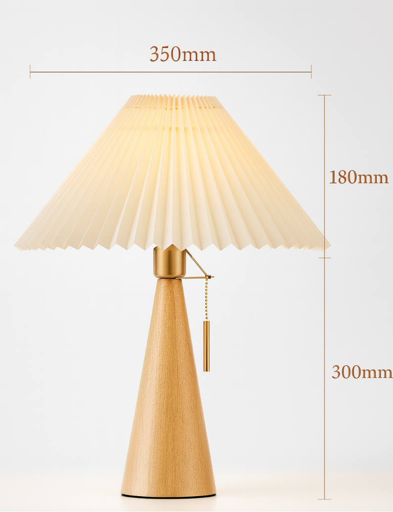 Japanese Minimalist Table Lamp – Wooden Base with Pleated Fabric Shade
