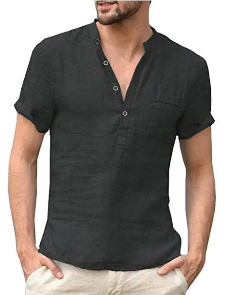 Men’s Linen Blend V-Neck Henley Shirt