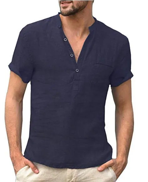Men’s Linen Blend V-Neck Henley Shirt
