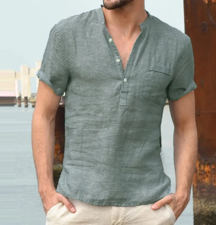 Men’s Linen Blend V-Neck Henley Shirt