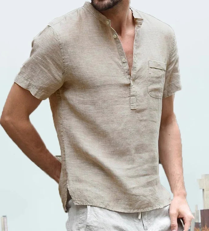 Men’s Linen Blend V-Neck Henley Shirt