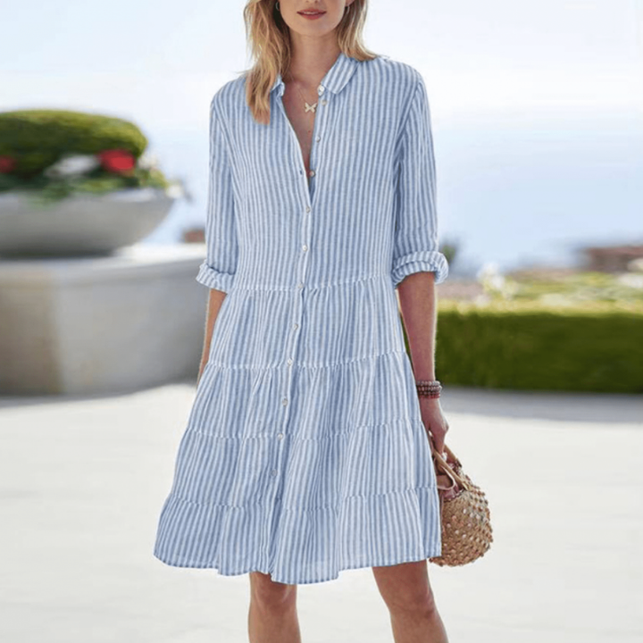 Women’s Striped Linen Shirt Dress with Ruffle Hem