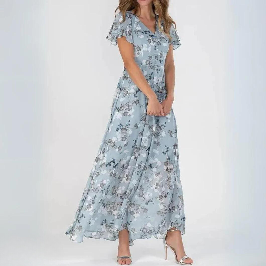 Floral Chiffon Maxi Dress with V Neck for Women
