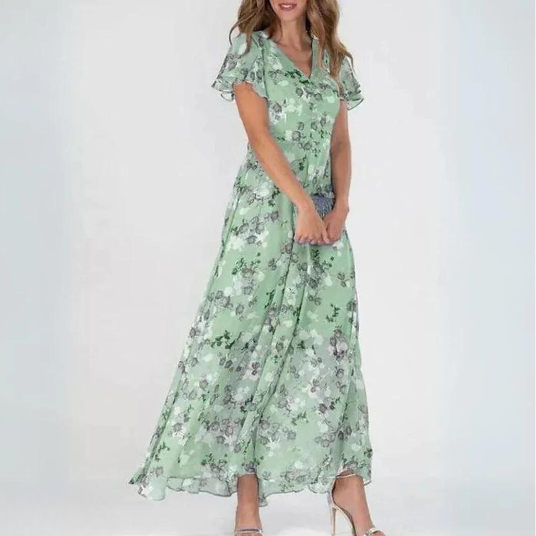 Floral Chiffon Maxi Dress with V Neck for Women
