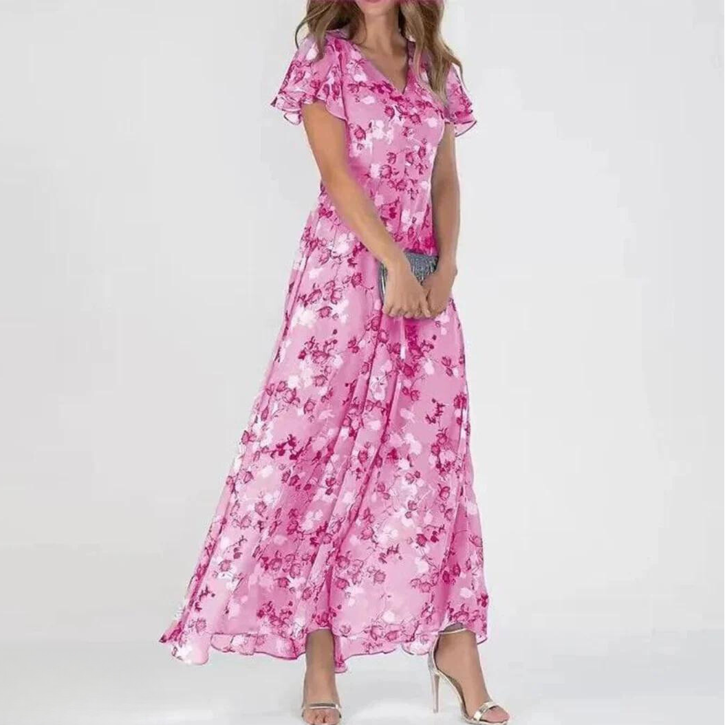 Floral Chiffon Maxi Dress with V Neck for Women