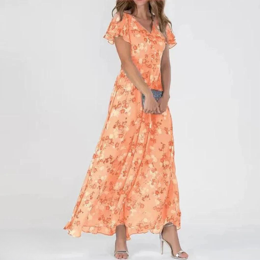 Floral Chiffon Maxi Dress with V Neck for Women