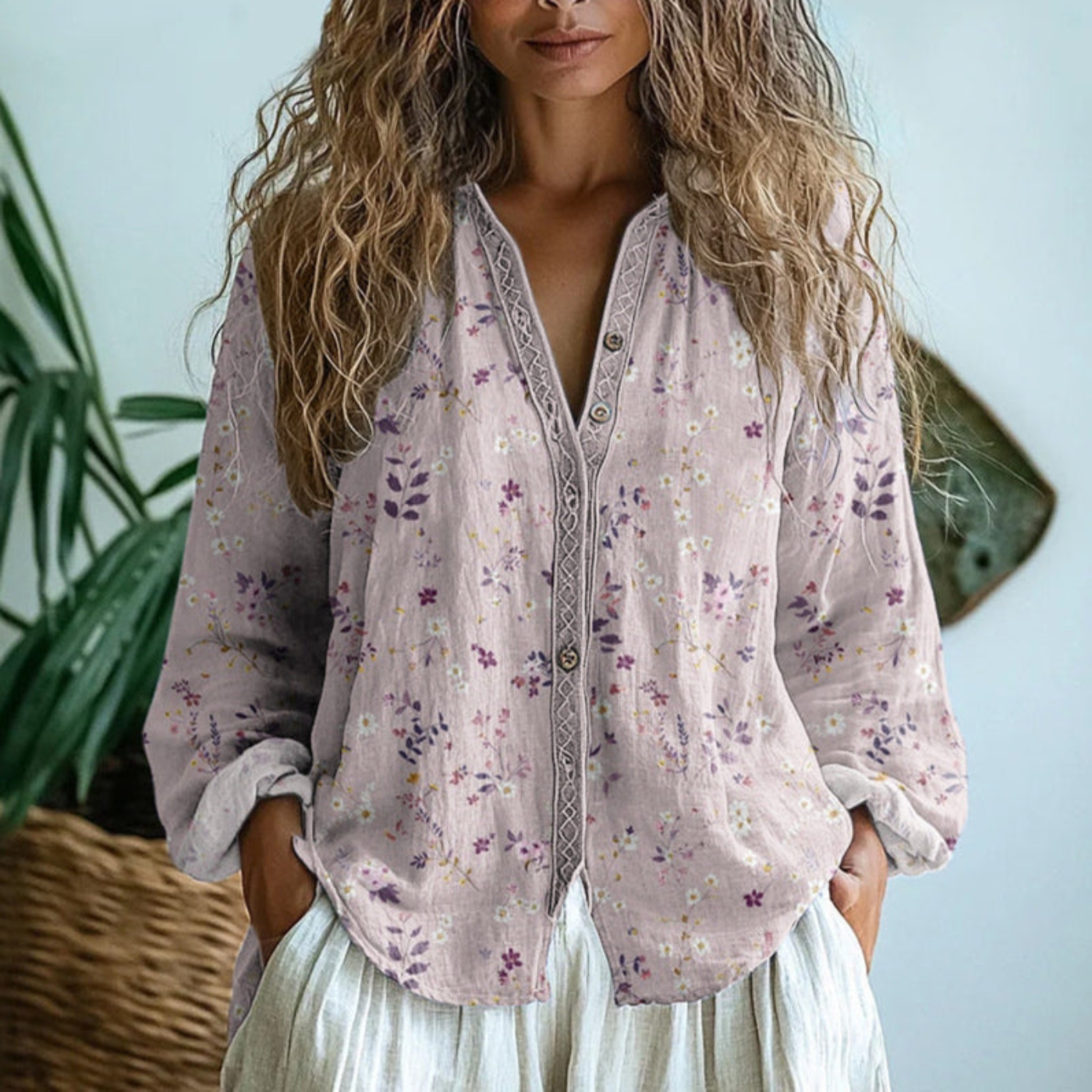 Women’s Linen Button-Down Blouse with Contrast Trim
