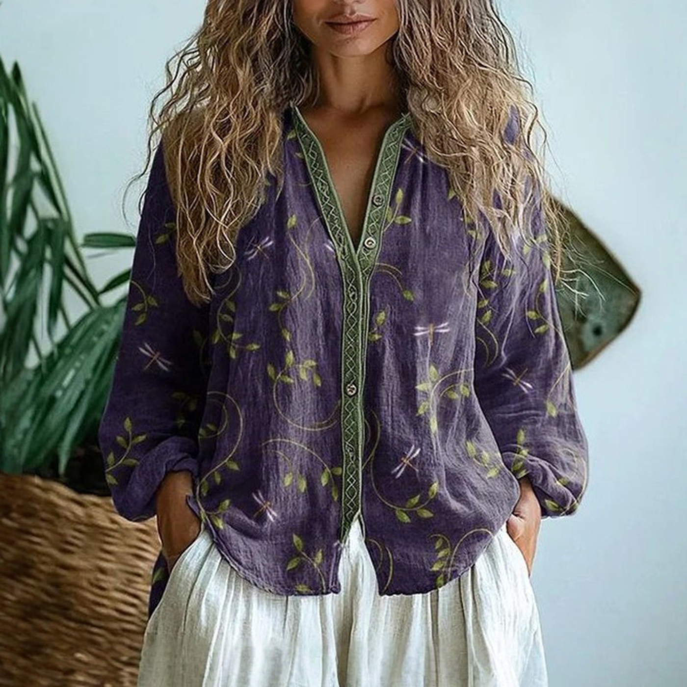 Women’s Linen Button-Down Blouse with Contrast Trim