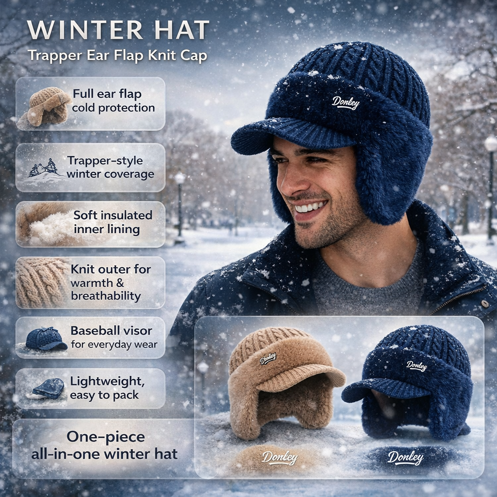 Winter Trapper Hat with Knit Ear Flaps
