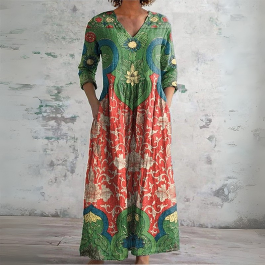 Women’s Ethnic Floral Linen Maxi Dress with Pockets