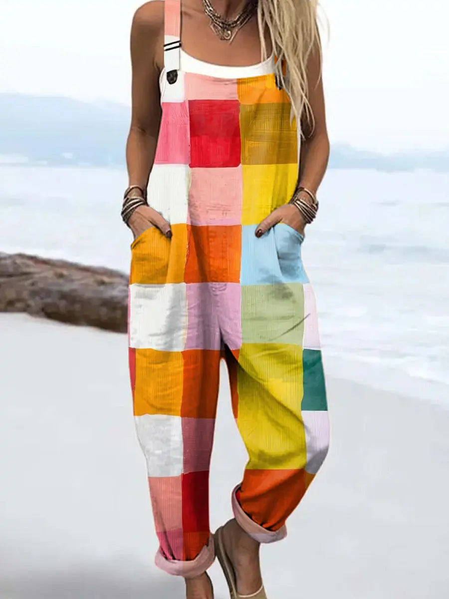Women's Multicolor Patchwork Jumpsuit - Oversized Summer Romper