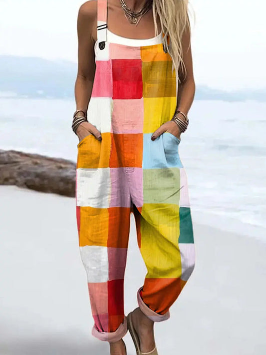 Women's Multicolor Patchwork Jumpsuit - Oversized Summer Romper