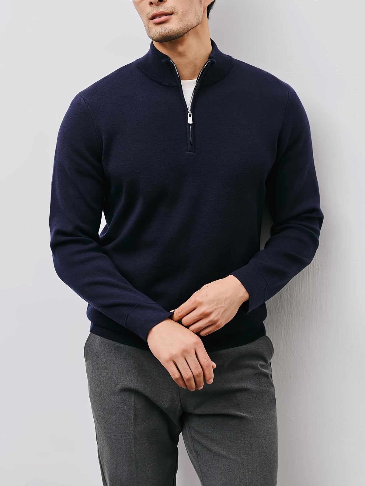 Men's Refined Quarter Zip Sweater Warm Stand Collar Knit Pullover