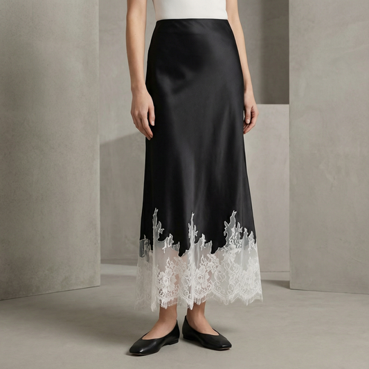Sofia Satin Slip Skirt with Sheer Trim for Women – Elegant Mid-Length Fit