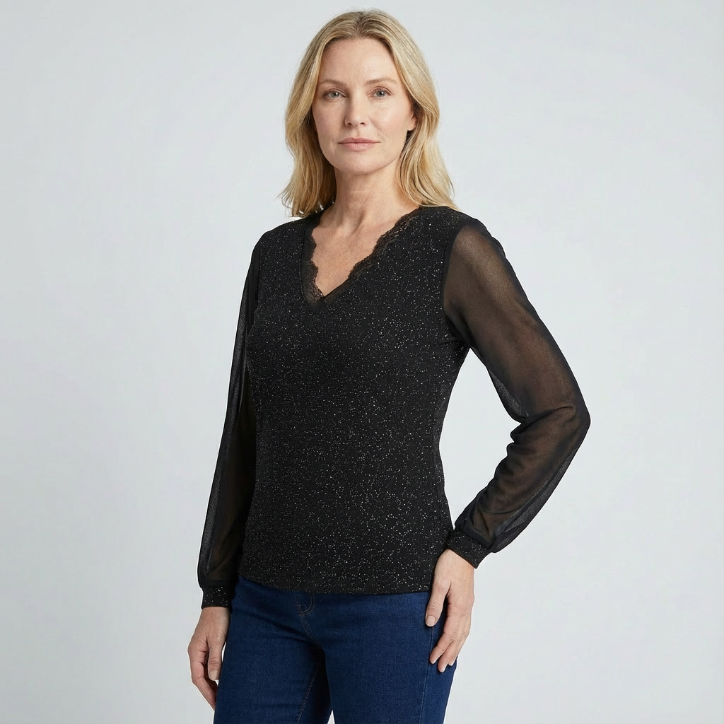Sofia - Elegant V-Neck Blouse - Long Sleeve Shimmer Top