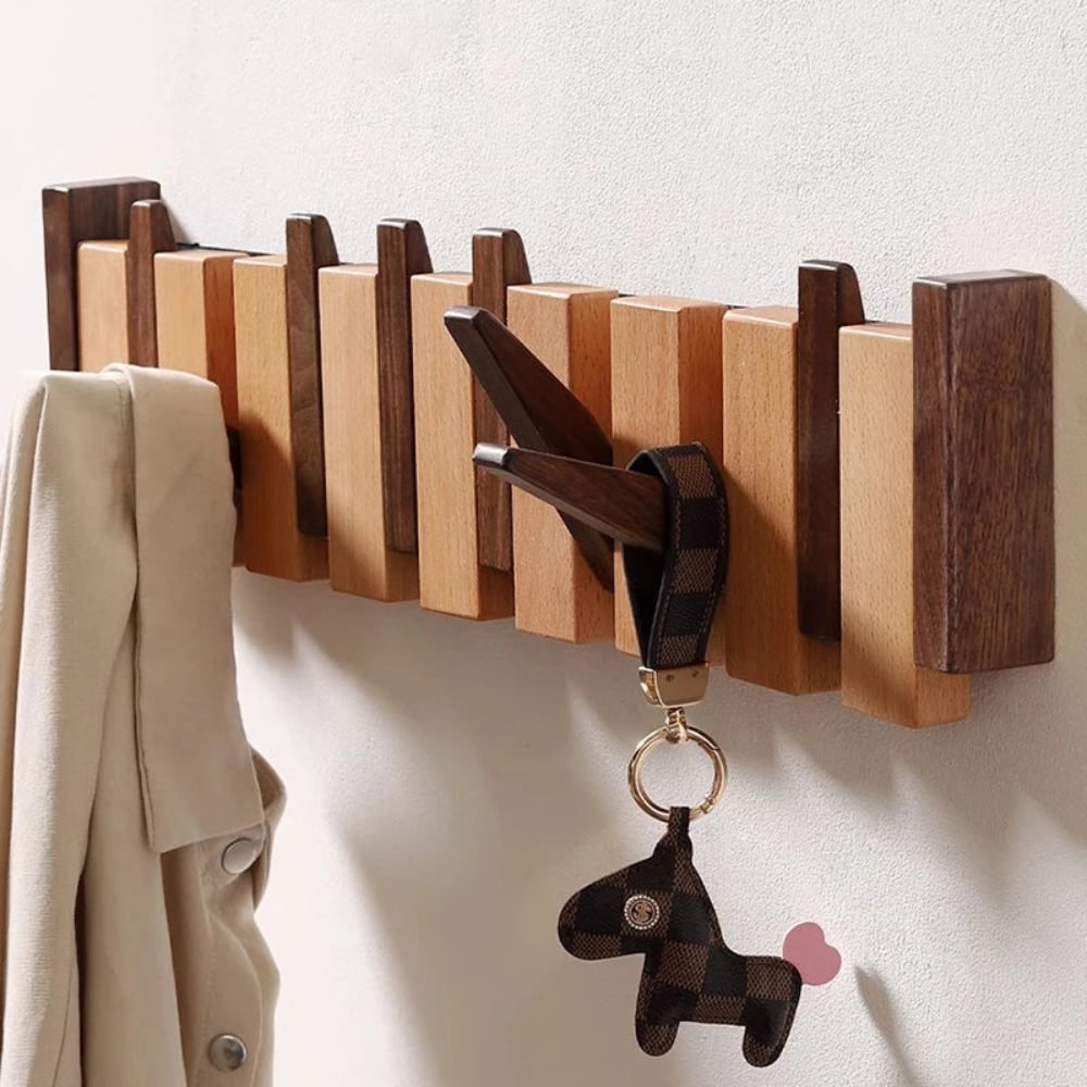 Folding Wood Wall Coat Rack with Pivoting Hooks