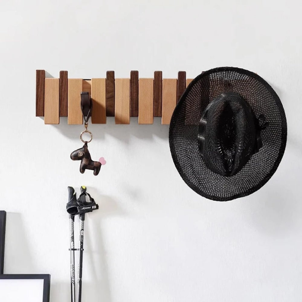 Folding Wood Wall Coat Rack with Pivoting Hooks