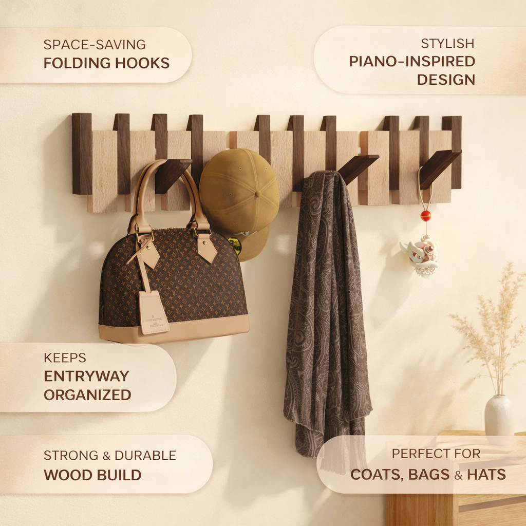 Folding Wood Wall Coat Rack with Pivoting Hooks
