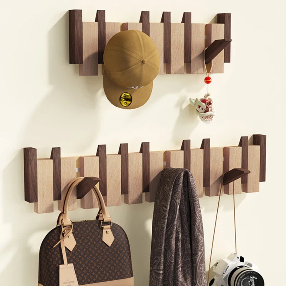 Folding Wood Wall Coat Rack with Pivoting Hooks