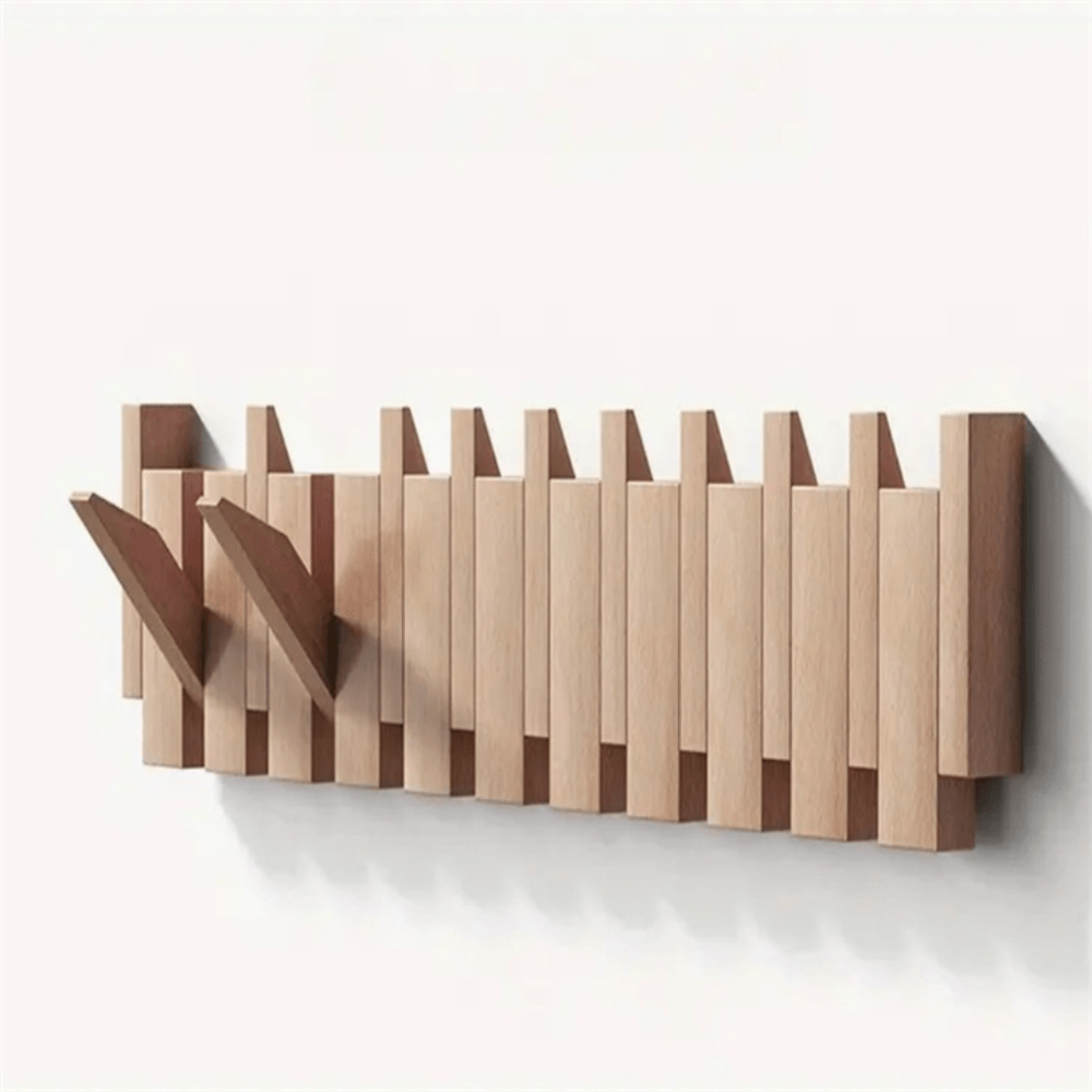 Folding Wood Wall Coat Rack with Pivoting Hooks