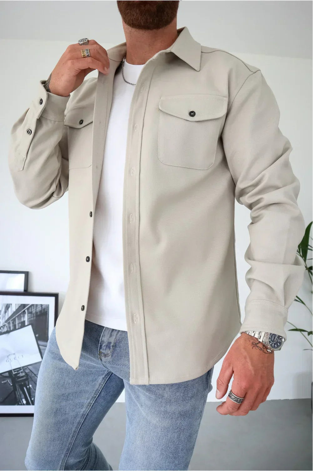Men's Long Sleeve Button-Up Shirt Jacket