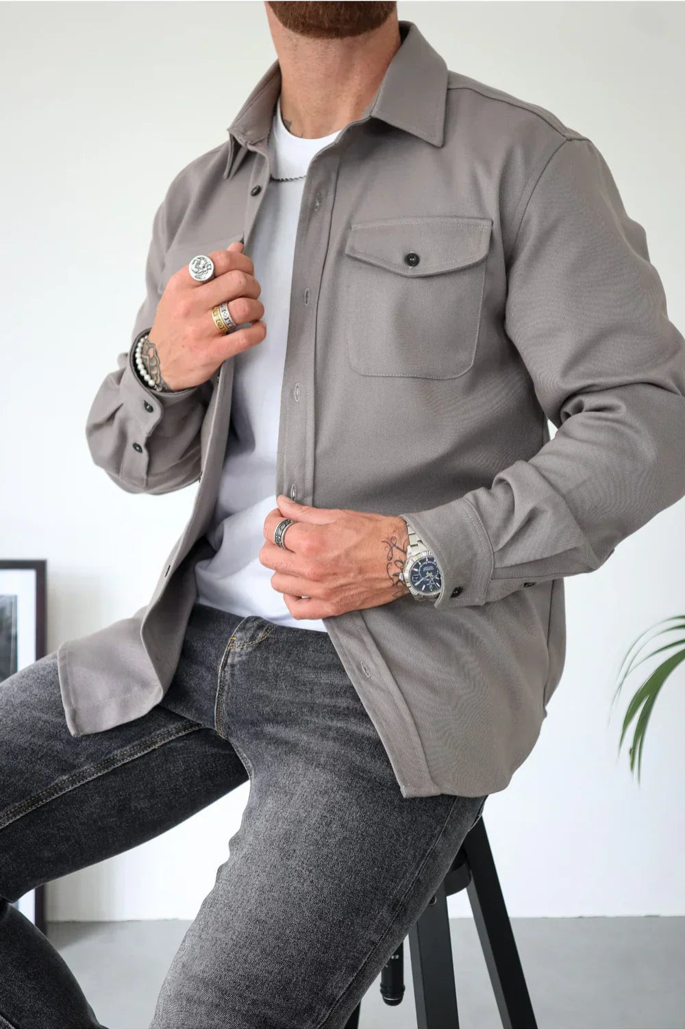 Men's Long Sleeve Button-Up Shirt Jacket