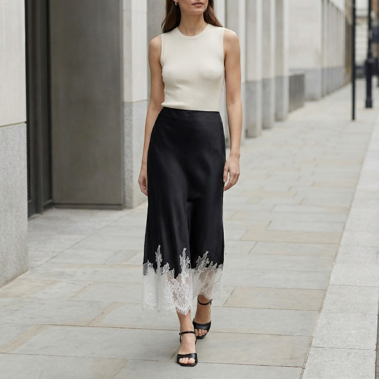 Sofia Satin Slip Skirt with Sheer Trim for Women – Elegant Mid-Length Fit