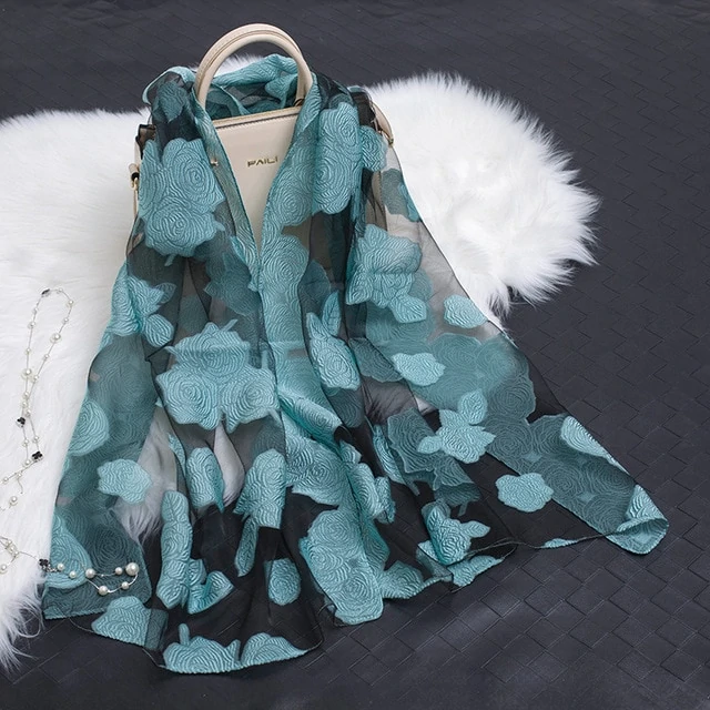Silk Organza Floral Scarf - Hollow Cutout Elegant Women Shawl
