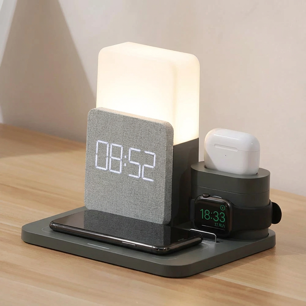 4 in 1 Bedside Wireless Charging Station - Alarm Clock LED Lamp
