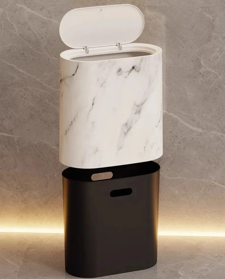 Nordic Marble Trash Can - Slim Push Top Wastebasket Bathroom WC