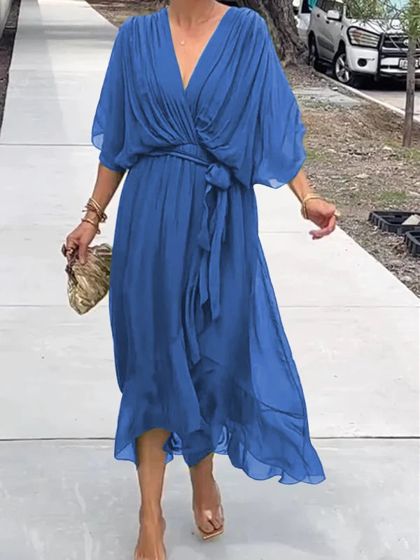 Women's Chiffon Evening Gown - V-Neck & Short Sleeves