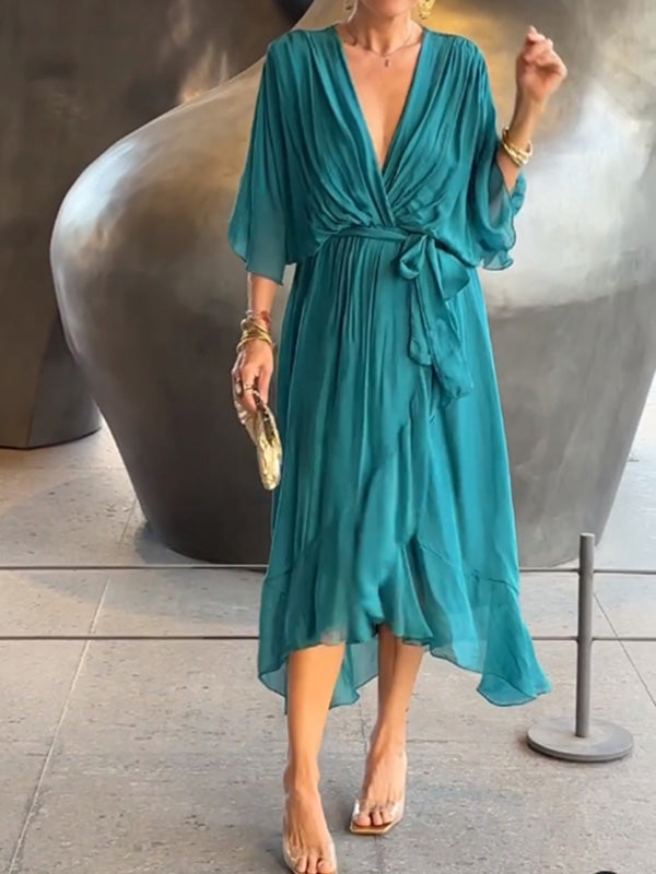 Women's Chiffon Evening Gown - V-Neck & Short Sleeves
