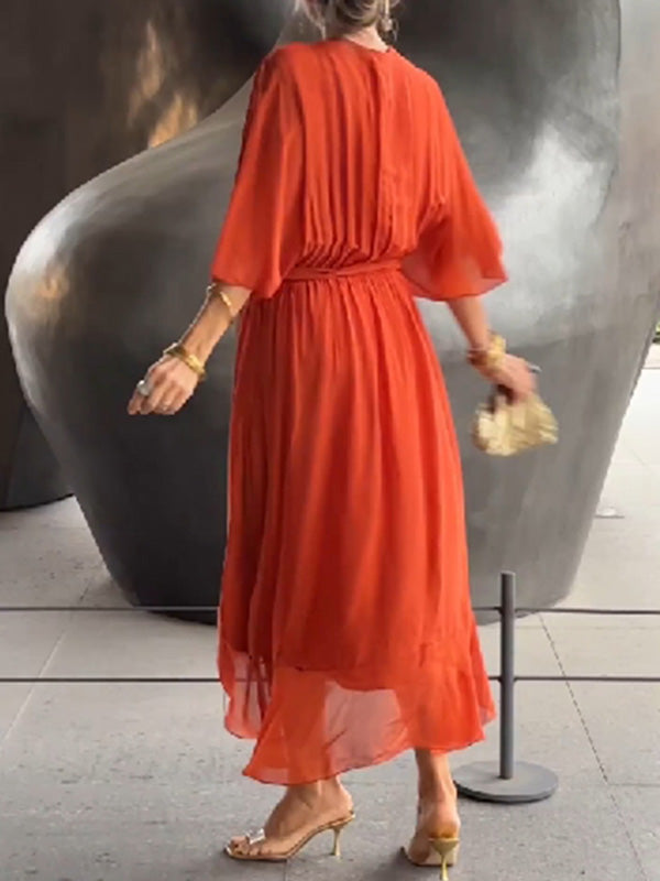 Women's Chiffon Evening Gown - V-Neck & Short Sleeves
