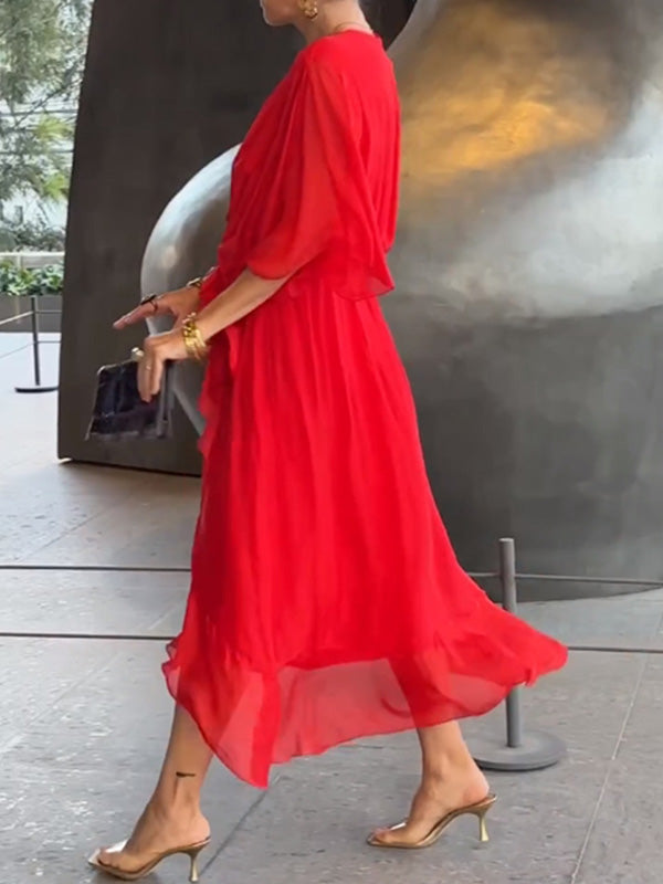 Women's Chiffon Evening Gown - V-Neck & Short Sleeves