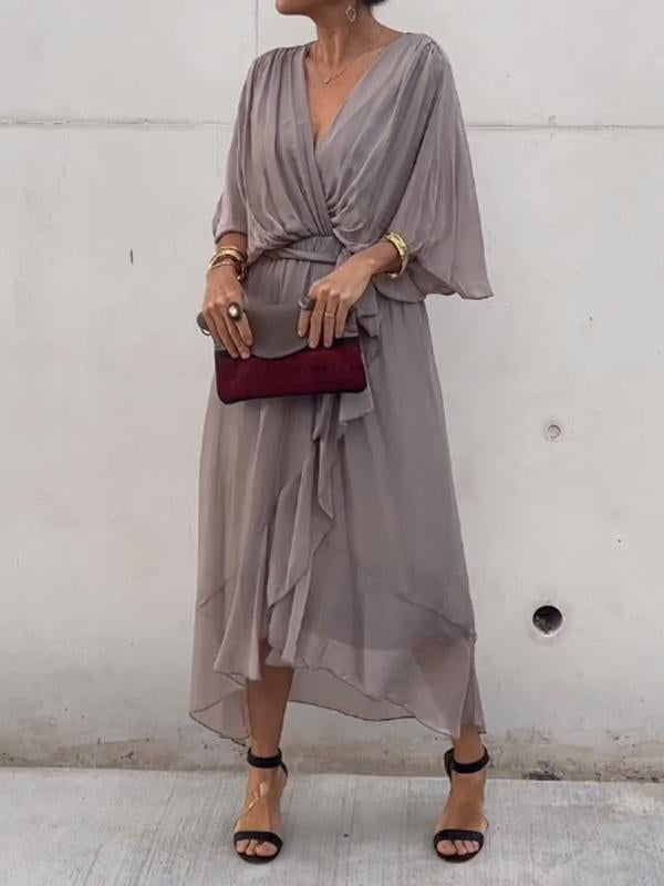 Women's Chiffon Evening Gown - V-Neck & Short Sleeves