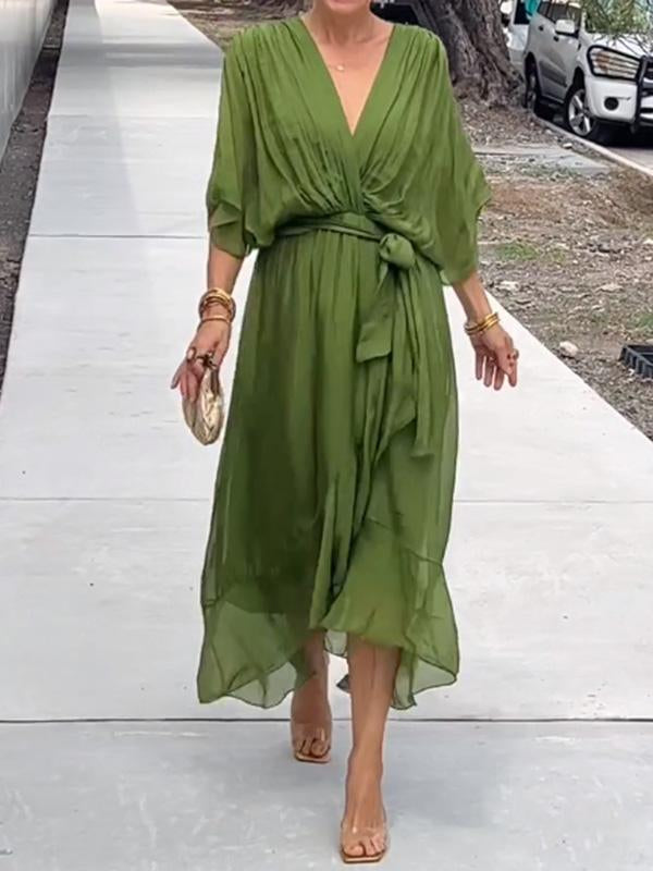 Women's Chiffon Evening Gown - V-Neck & Short Sleeves
