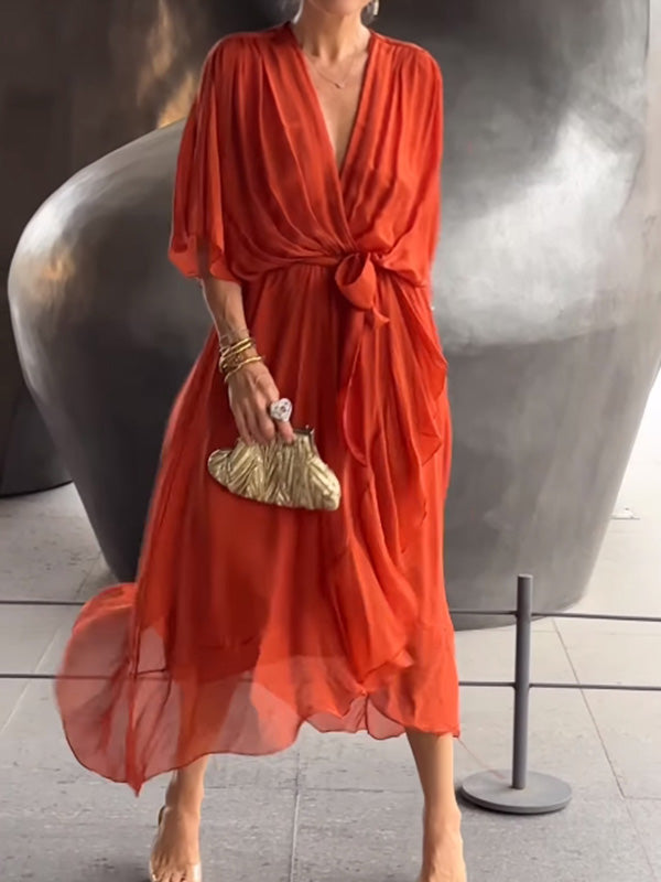 Women's Chiffon Evening Gown - V-Neck & Short Sleeves