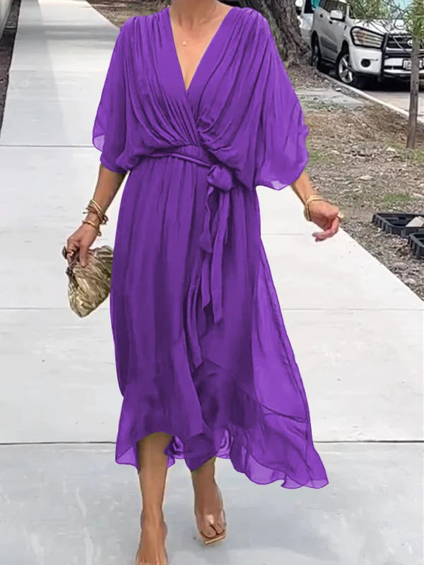 Women's Chiffon Evening Gown - V-Neck & Short Sleeves