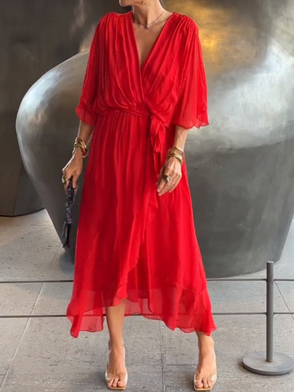 Women's Chiffon Evening Gown - V-Neck & Short Sleeves