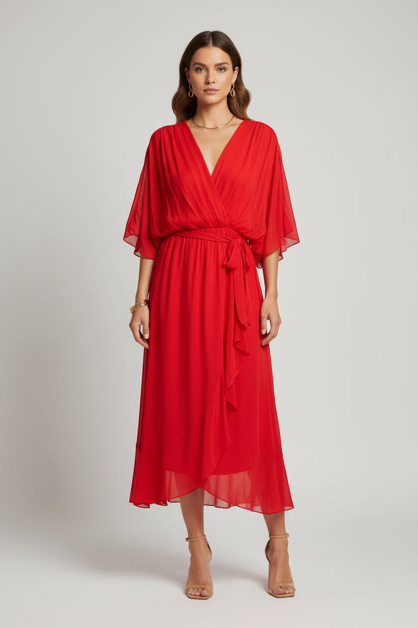 Women's Chiffon Evening Gown - V-Neck & Short Sleeves