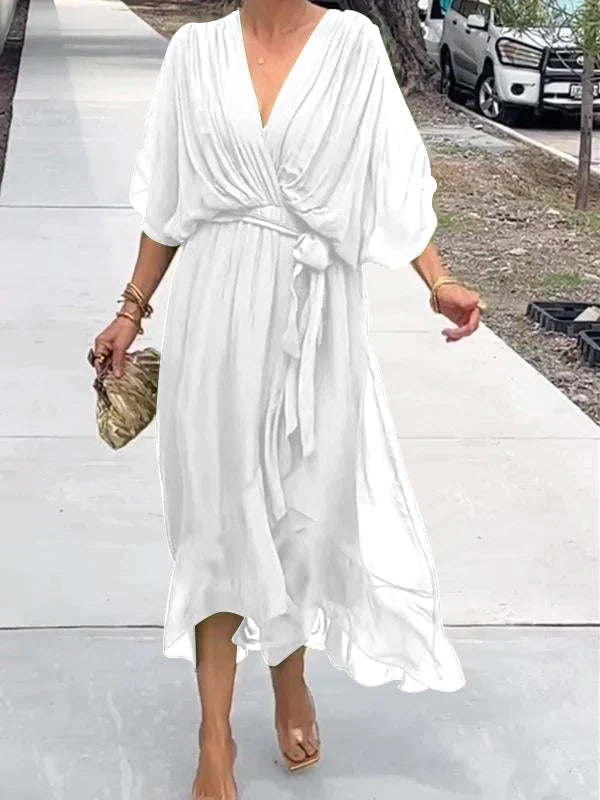Women's Chiffon Evening Gown - V-Neck & Short Sleeves