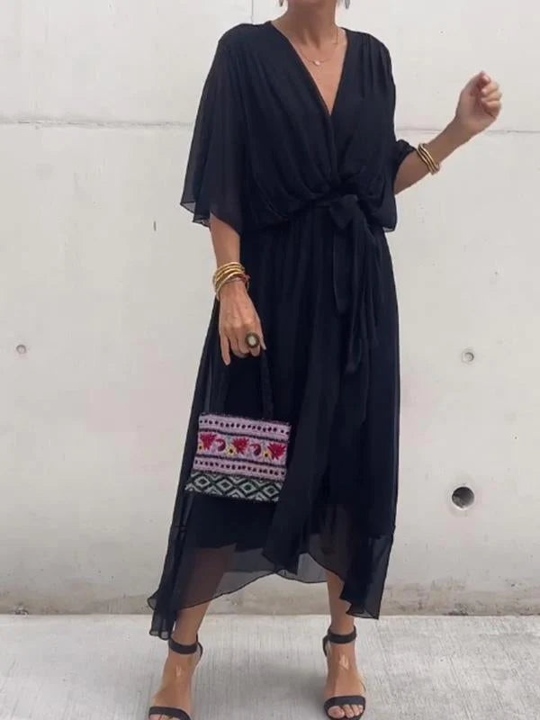Women's Chiffon Evening Gown - V-Neck & Short Sleeves